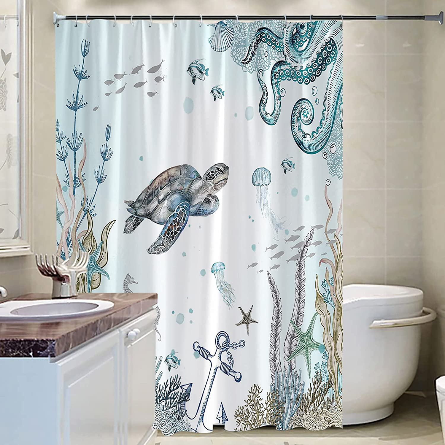 Batmerry Vintage Fish Sea Decor Shower Curtain,Underwater Life Animals  Ocean Sea-Horse Bathroom Decor Polyester Fiber Plastic Rings Quick-Drying