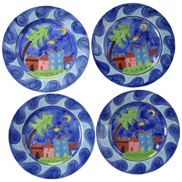 Hues & Brews Ensemble de 4 Assiettes en Céramique Oiseau Bleu Village / Plateau de Service - 10.75 Pouces x 1 Pouces