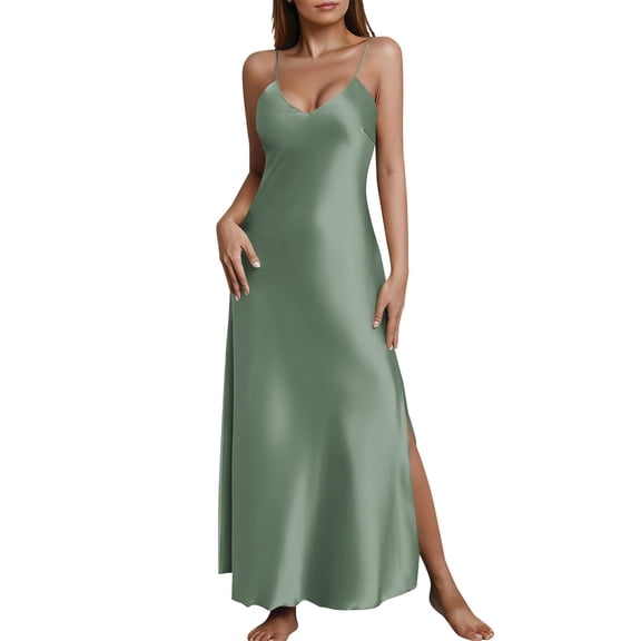 Womens Fashion Satin Spaghetti Strap Maxi Dress V Neck Sleeveless Side Slit Flowy Long Dresses Elegant Silky Cocktail Party Evening Gown for Summer, Size S-2XL
