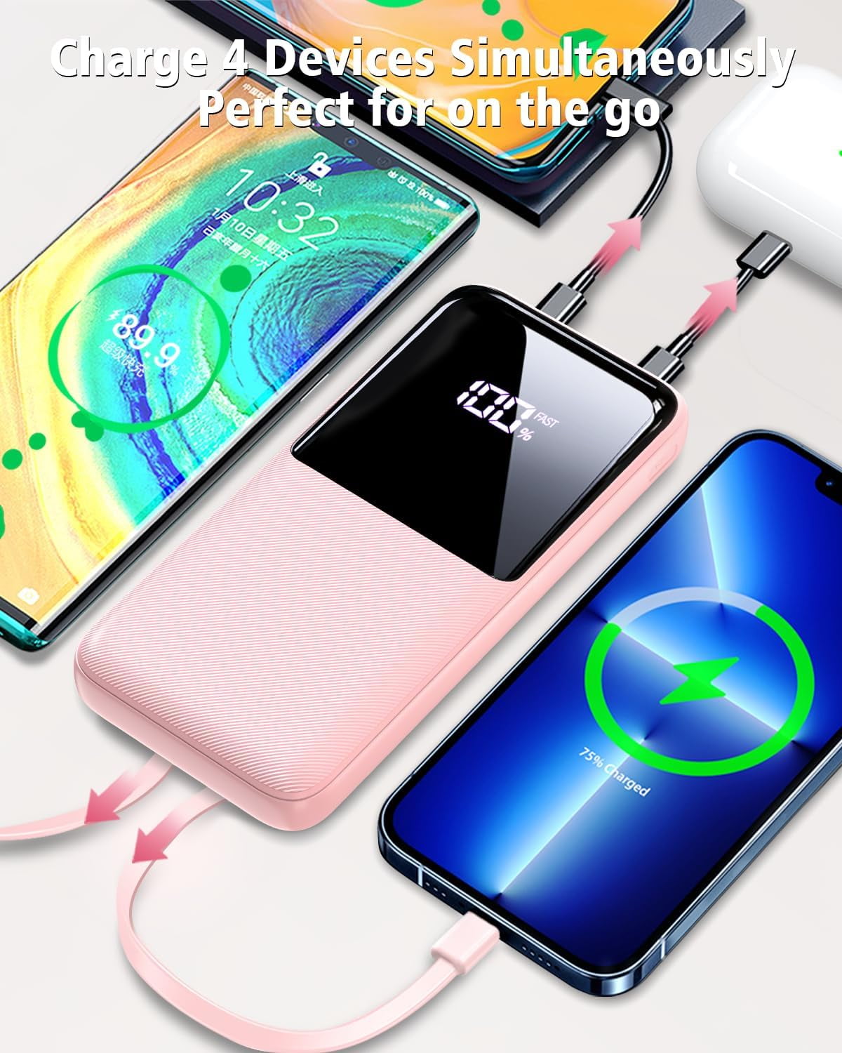 Portable Charger Power Bank - 20000mAh Fast Charging Portable Battery Pack with Built in USB-C(22.5W) and iOS(20W) Output Cables Compatible for iPhone Android Samsung Phone, Pink