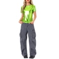 thumbnail image 2 of INSPIRE CHIC Women's Metallic Textured Short Sleeve Shiny Party Tops XS Mustard Green, 2 of 6