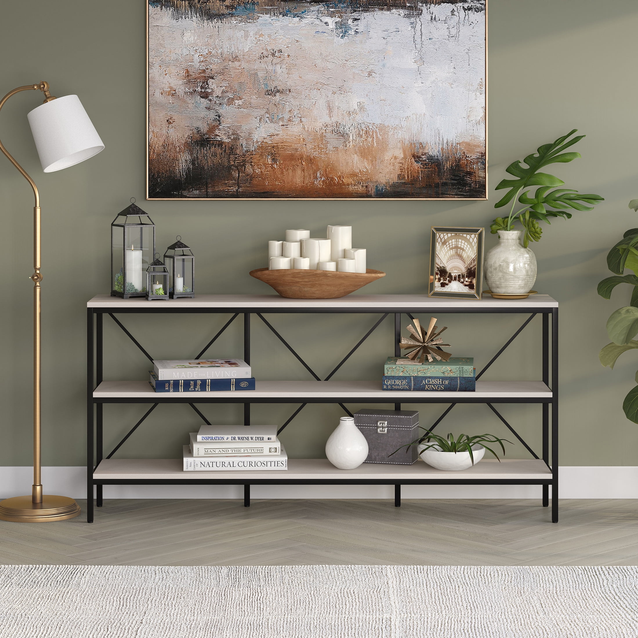 Evelyn&Zoe Modern Farmhouse 64" Wide Blackened Bronze/Alder White Console Table
