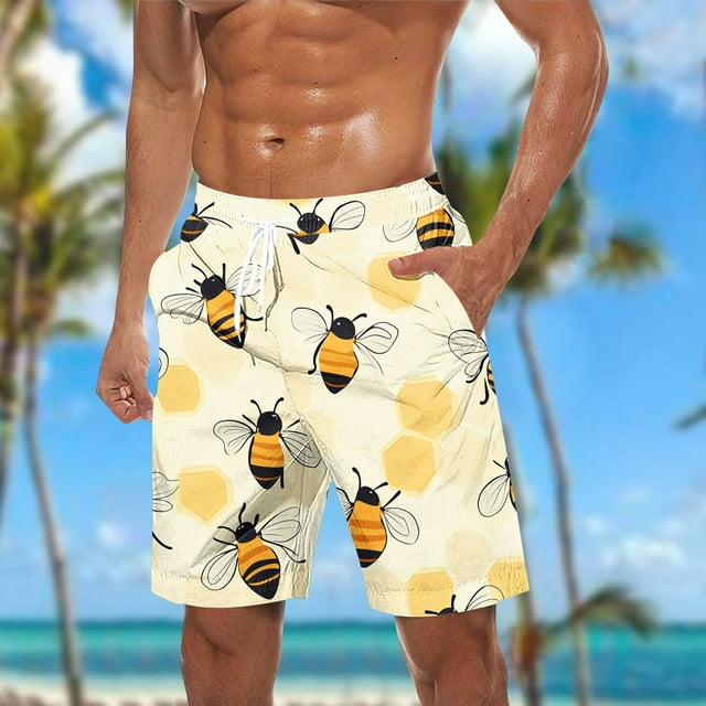 Sentmoon Mens Golf Shorts Lightweight Summer Straight Elastic Waist Workout Shorts Drawstring Bee Print Swim Trunks Side Pockets 2025 Athletic for Runs Workouts Orange XL