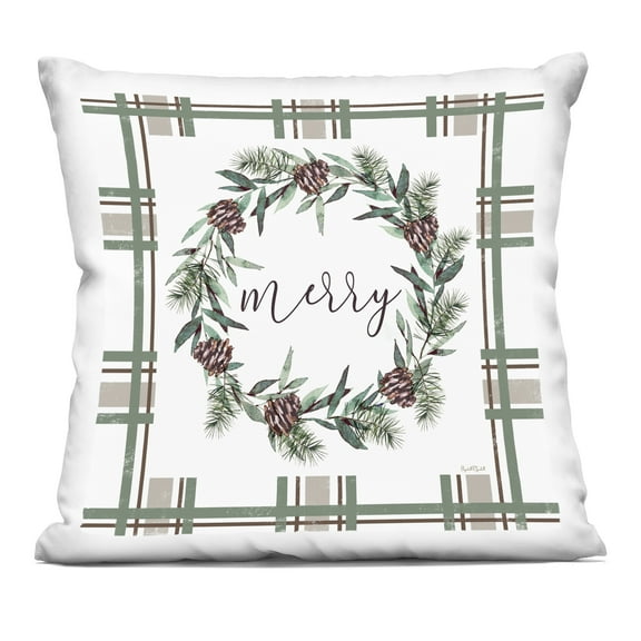 Stupell Industries Merry Wreath on Green Plaid Decorative Printed Throw Pillow design by Elizabeth Tyndall, 18 x 7 x 18