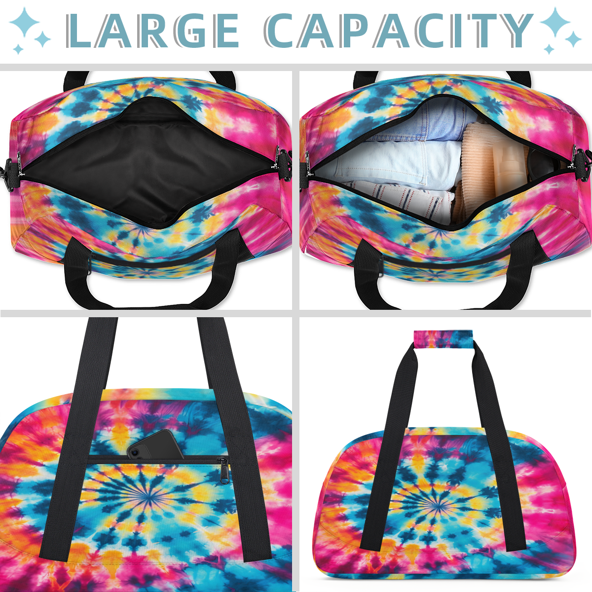 Herdesigns Tie Dye Sports Duffle Bag for Women & Men, Colorful Swirls Gym Bag Dance Bag Overnight Bag Carry On Weekender Travel Bag