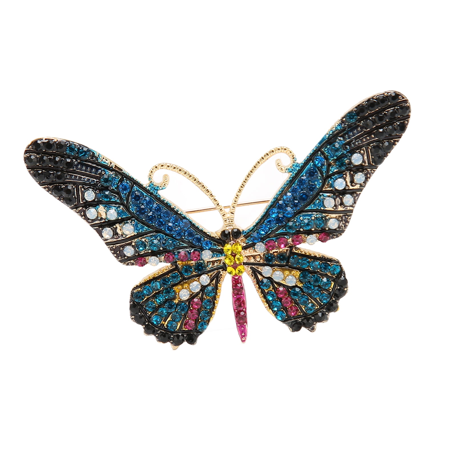 Broche Vintage Papillon En émail Bleu Et Rouge - Ornement Doré - État Impeccable