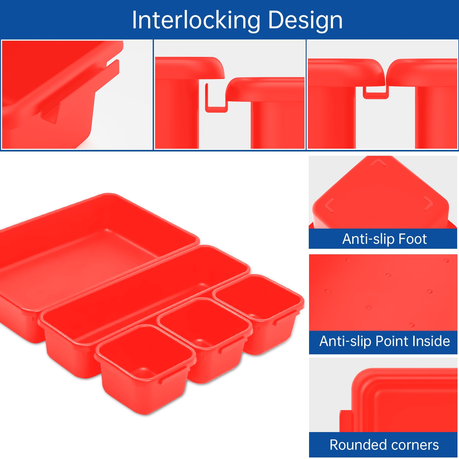HAIDAIYA 45 Pack Drawer Organizer Trays Set, 3 Sizes Plastic Divider Storage Bins for Desk, Makeup, Tool Box, Jewelry (Red)