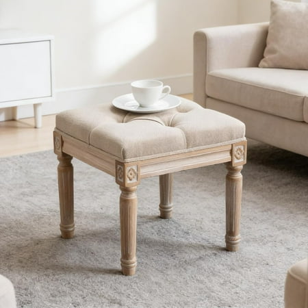 French Vintage Entry Bench Linen Fabric Foot Stool Small Ottoman Seat Vanity Chair with Wood Legs for Piano/Entryway Bedroom/Living Room/Hallway (Beige)