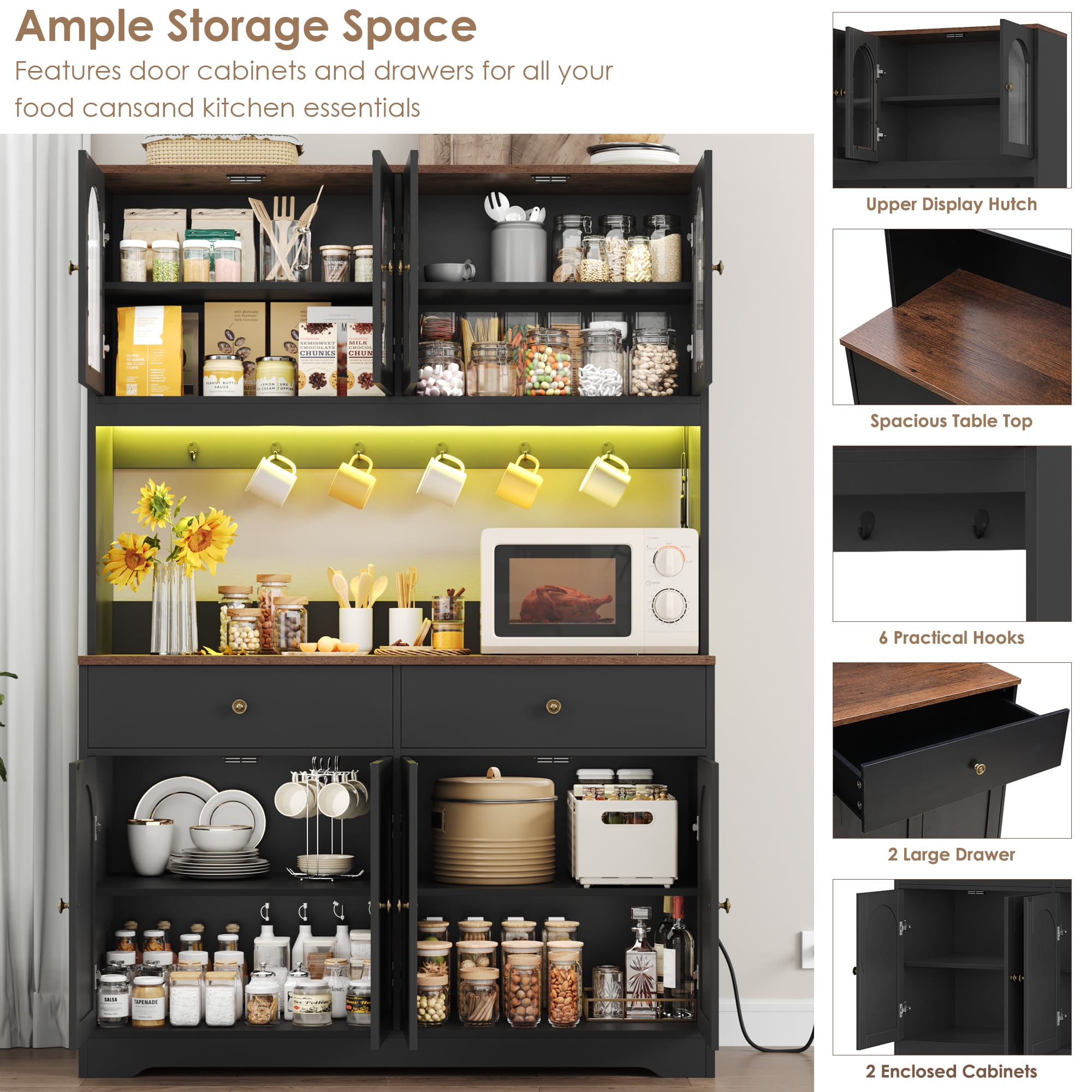 Homfa 71" Kitchen Pantry with LED Lights and Charging Station, Freestanding Kitchen Cupboard with Storage and Microwave Stand, Floor Cabinet for Dining Living Room, Black