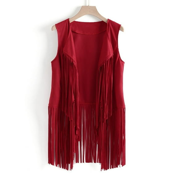 jsaierl Fringe Vest for Women Drop Front Sleeveless Tassel Jacket Faux Suede Retro Cardigan 60s Hippie Costume Top