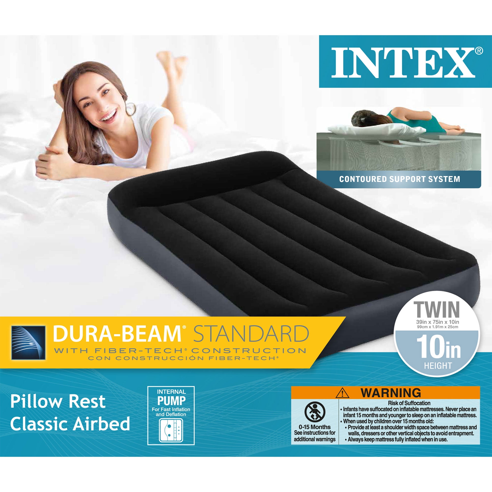 Intex Twin Classic Pillow Rest Air Mattress Bed With Built In Pump 3 Pack 