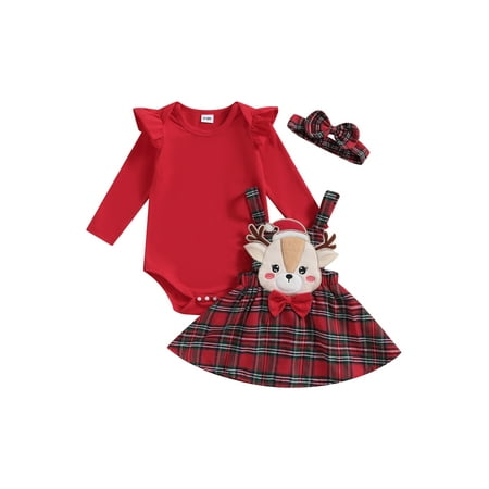 

Toddler Baby Girl Xmas 3pcs Outfit Set Ruffle Sleeve Bodysuit+Elk Plaid Suspender Overall Strap Skirt+Headband