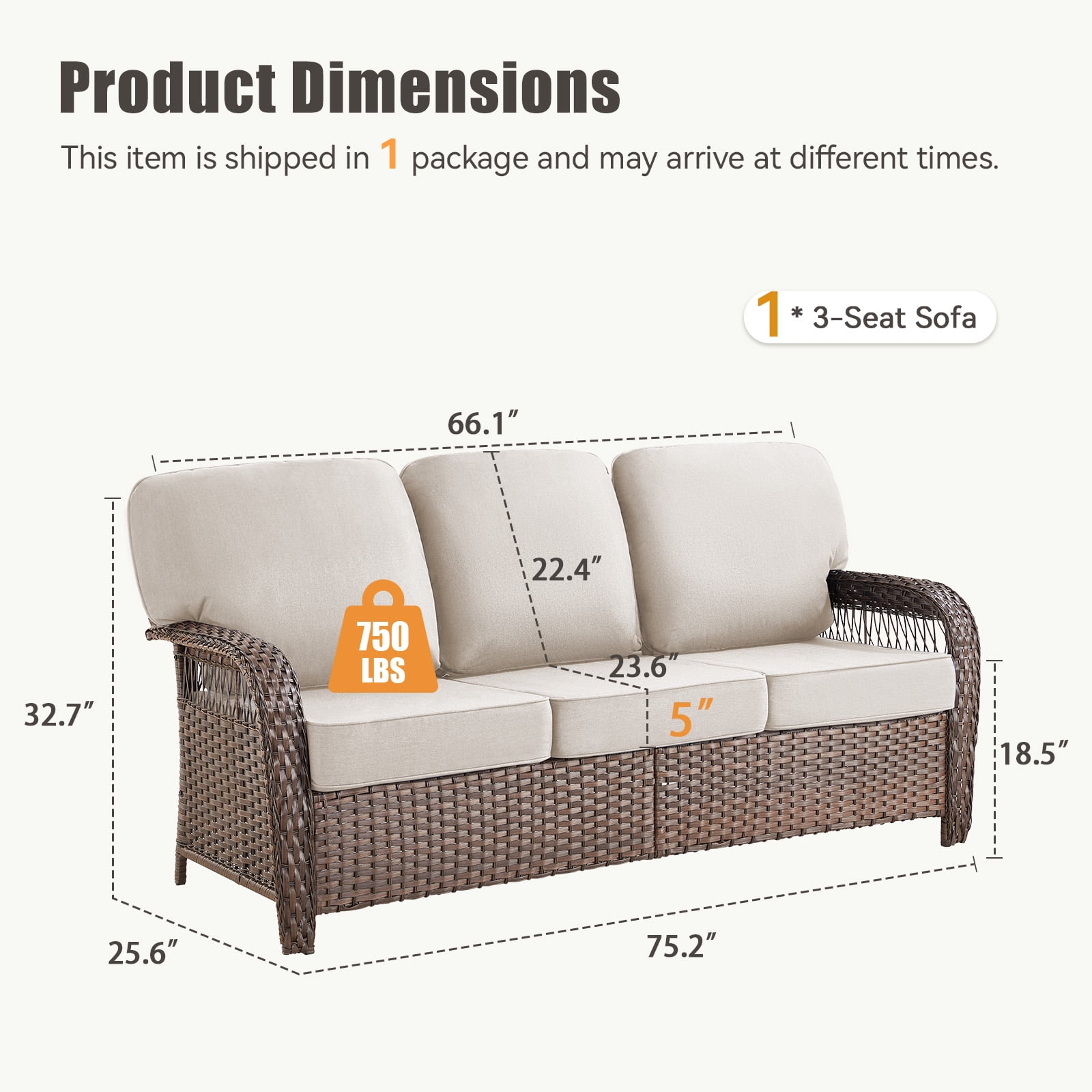 Hommoo 75.2" Outdoor Brown Wicker Patio Sofa with Cushions, Outdoor 2 Seat Patio Furniture Sofa Couch, for Porch or Backyard, Beige