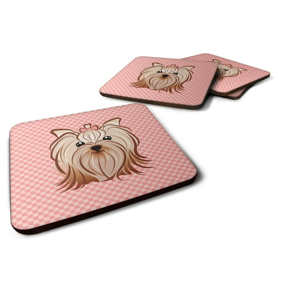 Pink Checkered Yorkie / Yorkshire Terrier Foam Coaster Set of 4