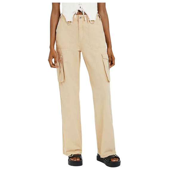 Beige Cargo Pants Women Adjustable Straight Fit Cargo Pants High Waist Baggy Hiking Pants with Pocket Wide Leg Parachute Pants Womens Trousers