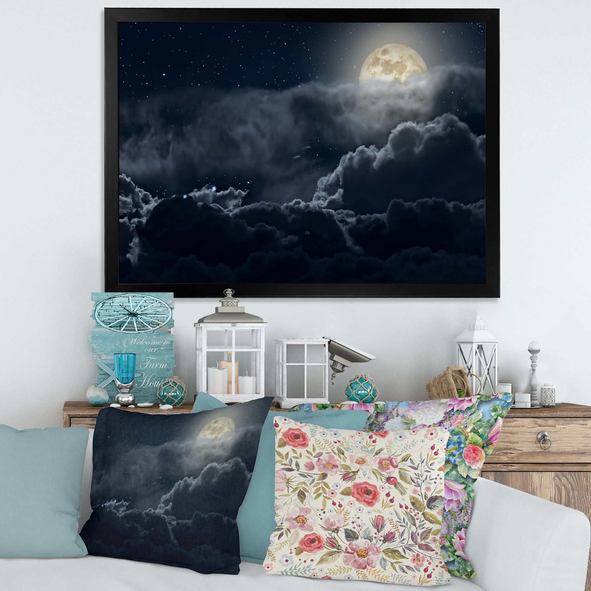 Designart 'Cloudy Full Moon Night With Stars' Nautical & Coastal Framed Art Print