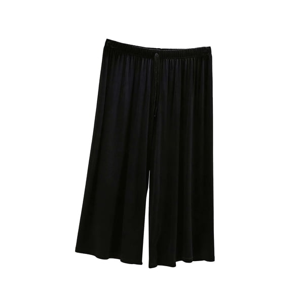 Womens Wide Leg Capri Pants Black Plus Size, Soft Lounge Pants with Elastic Waist,Black Casual Modal Blend Cropped Pants,Size M