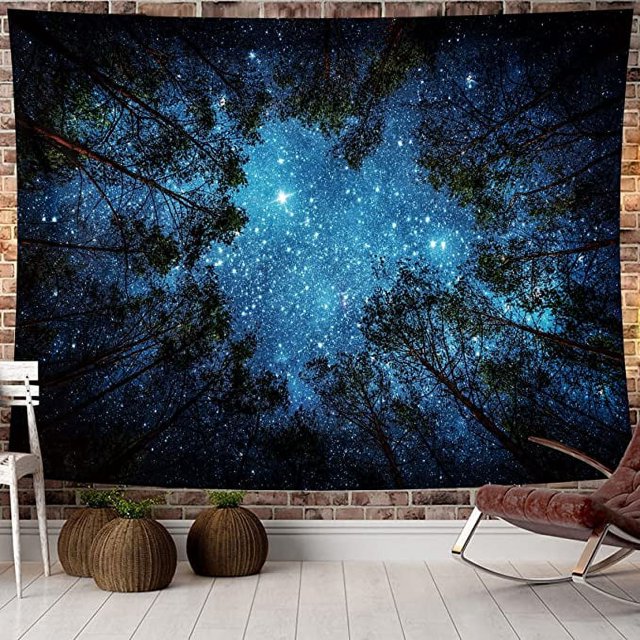 Tapiz de pared con diseño de bosque estrellado misterioso, tapiz psicodélico con estampado de árboles forestales, manta de playa para dormitorio, sala de estar, dormitorio, decoración de pared, 150 x