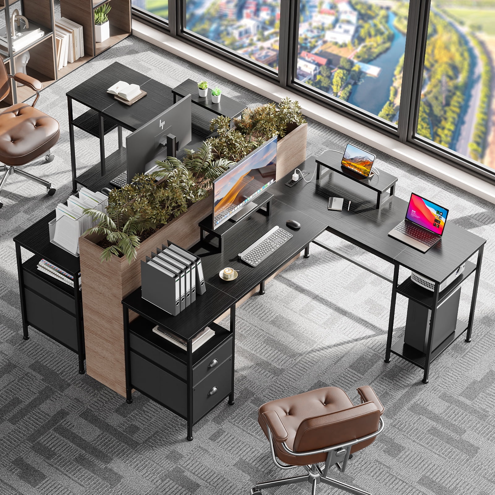 Satifur Computer Desk 65" L-Shaped, Corner Desk with Power Outlet, Reversible Gaming Desk, Black