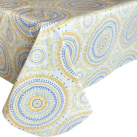 

Newbridge Coral Circle Stitch Boho Chic Vinyl Tablecloth With Flannel Backing Blue and Coral Bohemian Print Indoor Outdoor Vinyl Tablecloth 60 Inch x 84 Inch Oblong/Rectangle
