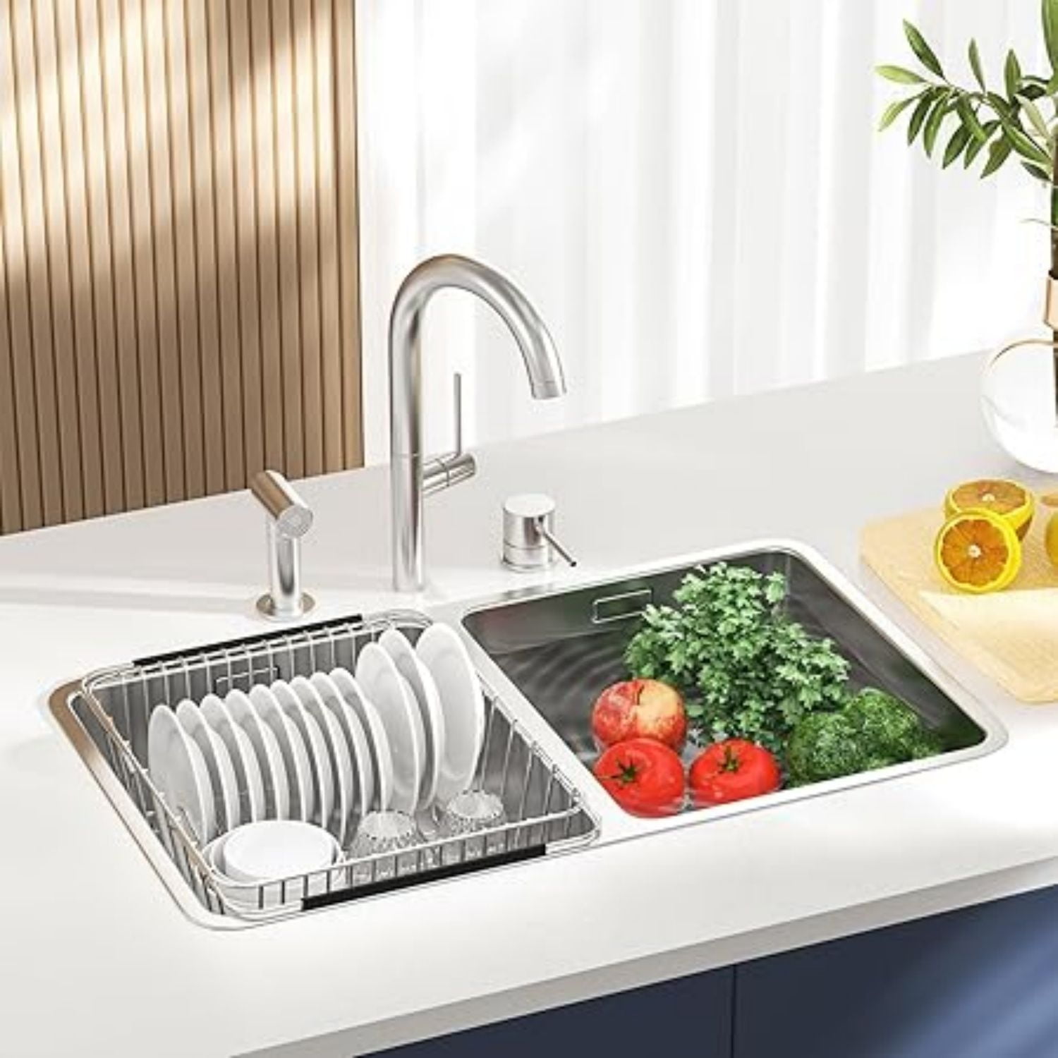 Dish Drying Rack in-Sink, 304 Stainless Steel Dish Drainer with Stainless Steel Silverware Holder Over Inside Sink-Adjustable 14.96" to 20.59" Maximium 13 Upright Dishes