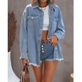 thumbnail image 4 of Women's Sky Blue Pocket Raw Hem Buttoned Denim Jacket, 4 of 7