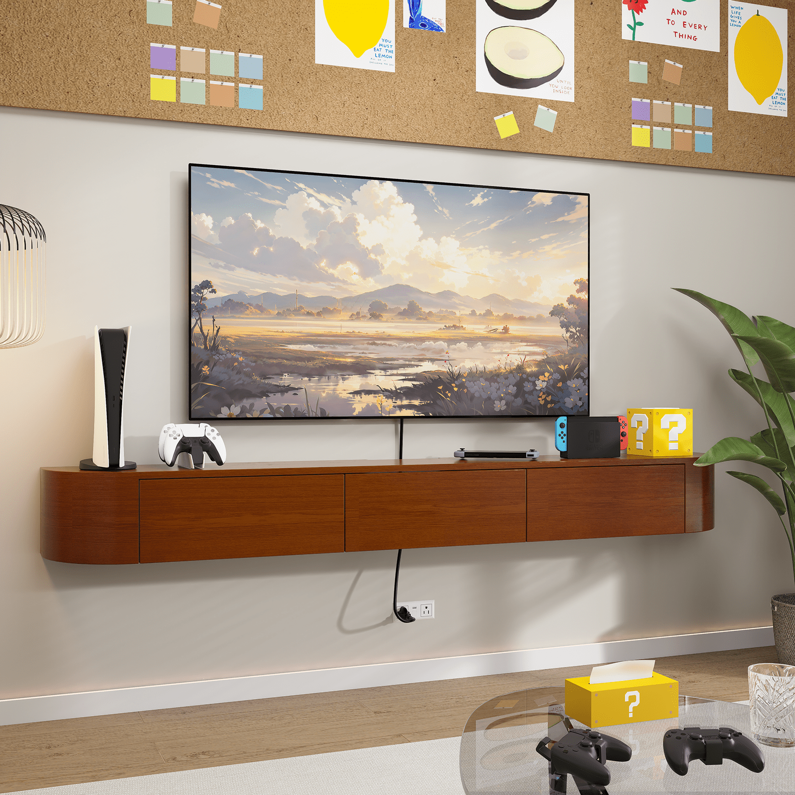 FloatiCasa 78 inch Fully Assembled Floating TV Stand Wall-Mounted Natural Wood Veneer Entertainment Center for TVs up to 78"