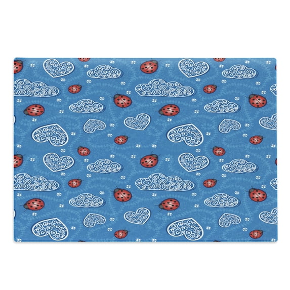 Ladybugs Cutting Board, Ladybugs and Ornate Clouds Magic in the Air Pure Hope Creatures Art Design Print, Decorative Tempered Glass Cutting and Serving Board, Large Size, Blue Red, by Ambesonne