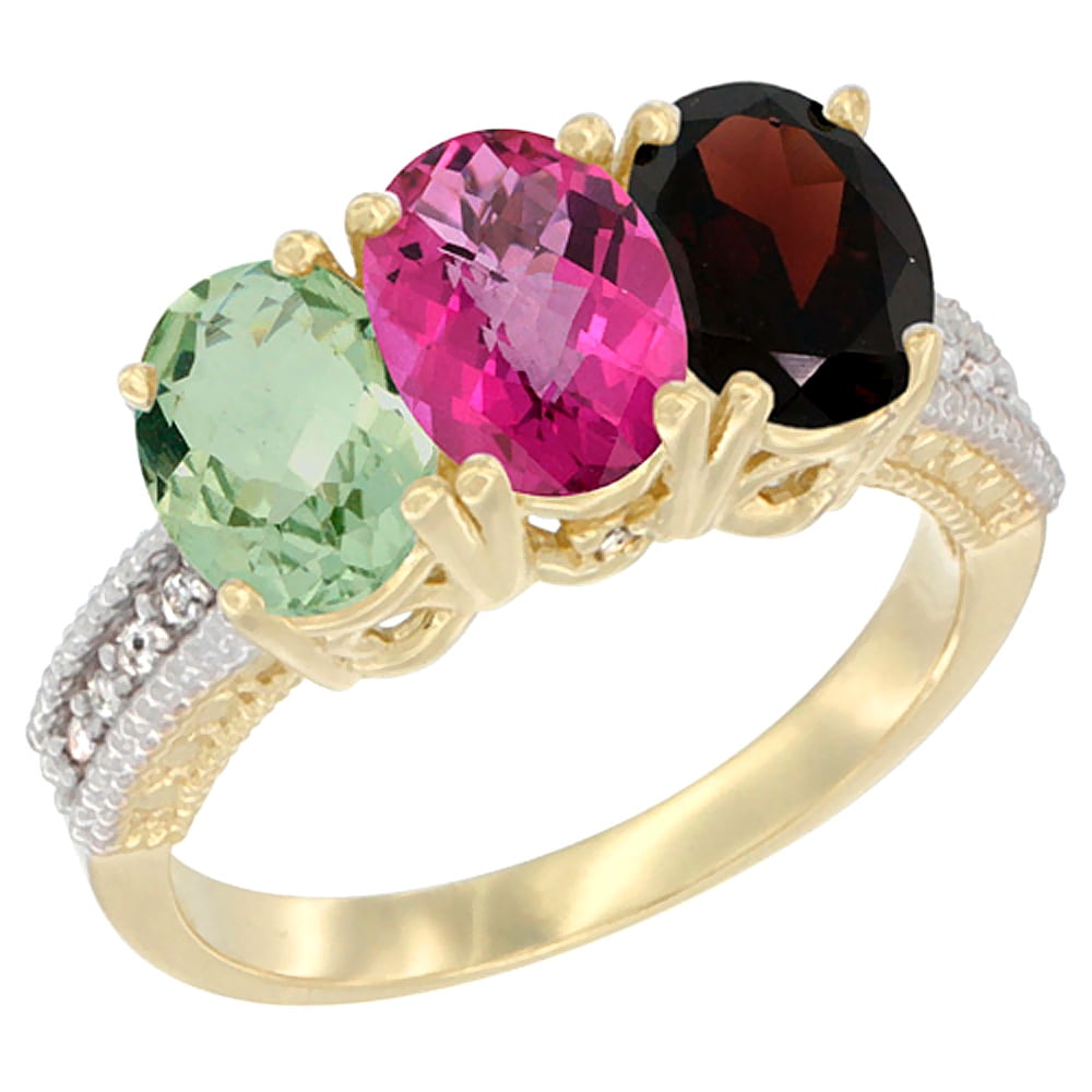 10K Yellow Gold Diamond Natural Green Amethyst, Pink Topaz & Garnet Ring Oval 3-Stone 7x5 mm,sizes 5-10 by WorldJewels