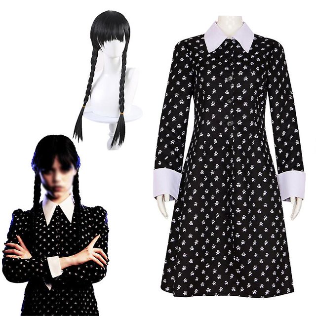Girls Wednesday Dress For Kid Adult With Wig Long Sleeve Wednesday Addams Family Cosplay Costume Carnival Party Dress Up Outfit zhangyuxiang LED