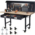 thumbnail image 1 of Établi Ajustable Robuste avec Prises de Courant – Dessus en Bois de Caoutchouc de 60 Pouces, Tiroir, Panneau Perforé, Table de Travail Mobile Capacité de 2000 Lb pour Garage, Atelier, Bureau – Noir, 1 of 7
