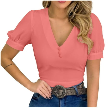 

Corset Tops For Women Fashion Women s Summer V-Neck Short Sleeve Solid Casual Button Blouse Swim Tops For Women With Built In Bra