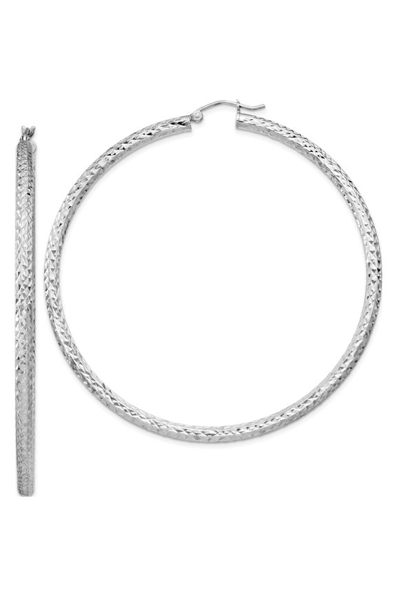Sterling Silver Rhodium-Plated D/C 3X65mm Hoop Earrings (66 X 66) Made In Mexico qe8095