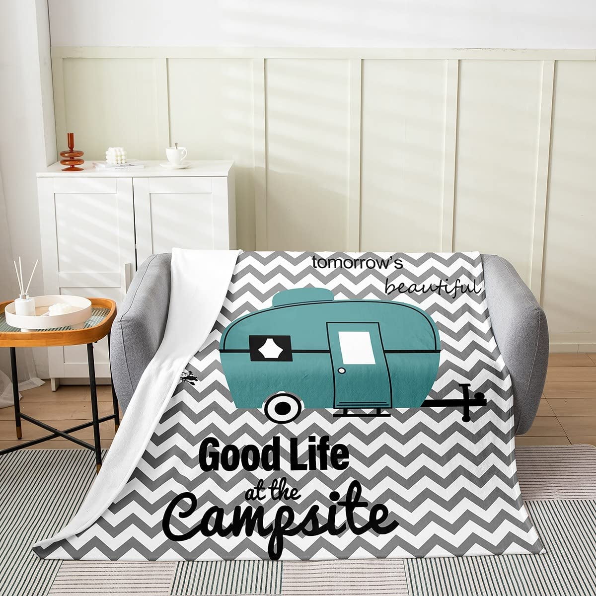Camper RV Throw Blanket for Boys Girls Trailer Travel Tree Stripes