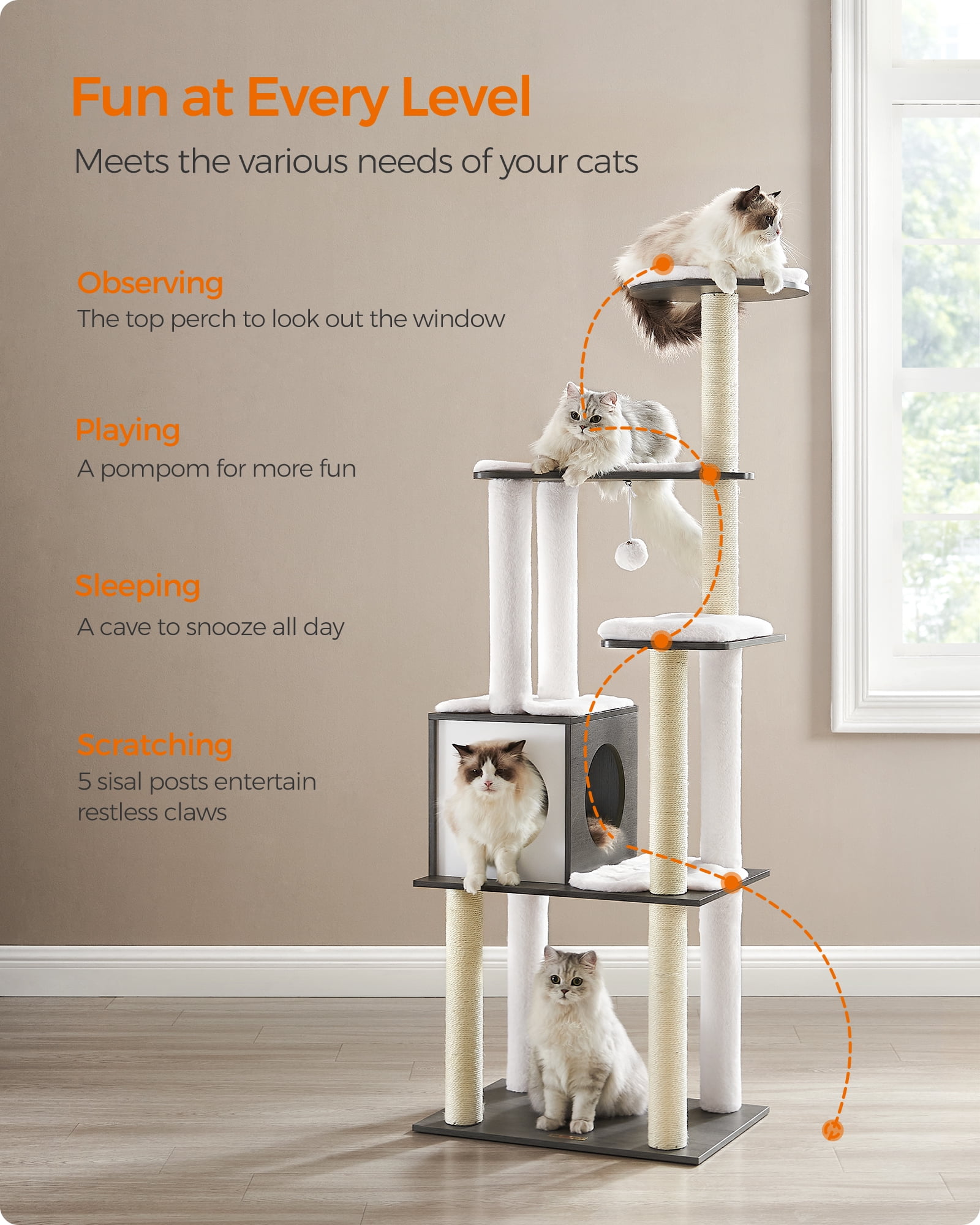 WoodyWonders Cat Tree, 65-Inch Modern Cat Tower for Indoor Cats, Multi-Level Cat Condo with Scratching Posts, Cat Furniture, Gray