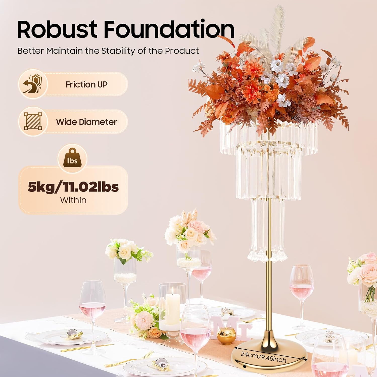 Flower Vase Crystal Flower Stand Wedding Centerpieces, 4 Tier Rectangular Chandelier Pedestal Stand, Round Pedestal Flower Holder Display, for Party, Dinner Event, Hotel/Home Decor
