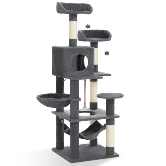 Vibrant Life 60inch Multi-Level Cat Tree with Condo Scratching Post and Hammock,Gray