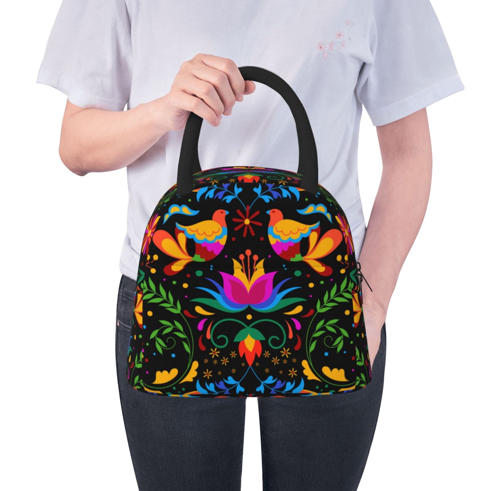 Horeoi Mexican Flower Traditional1 Pattern Large Insulated Lunch Bag for Work, School, Picnic - Waterproof, Durable Oxford Cloth, Comfortable Handle-Black
