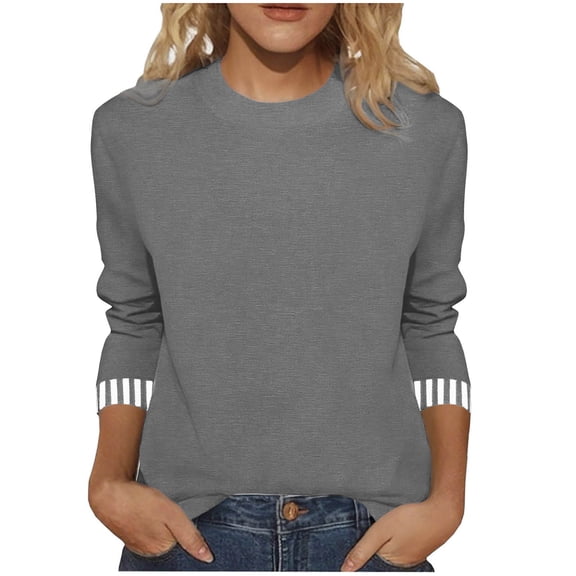 IROINNID Ladies Casual Round Neck Striped Patchwork Quarter Sleeve Tshirt Loose Top Comfortable Soft Breathable Everyday Wear Stylish Trendy Fashion Tee(Gray,S)