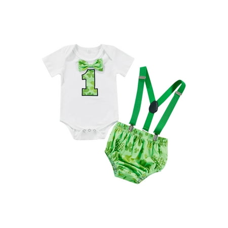 

Sunisery St. Patrick s Day Infant Baby Boys Clothes Sets 2Pcs Clover Short Sleeve Romper+Suspender Triangle Shorts Green 6-12 Months