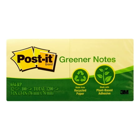 - Post it Greener Recycled Notes, 3 x 3, Canary Yellow, 100/Pad, 12 Ct