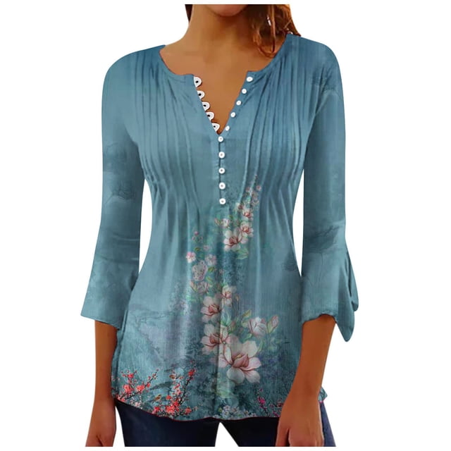 Pompotops Mode Femme Imprimé Bouton Décontracté Col en V Manches 3/4 T-Shirt Blouse Tops en Solde