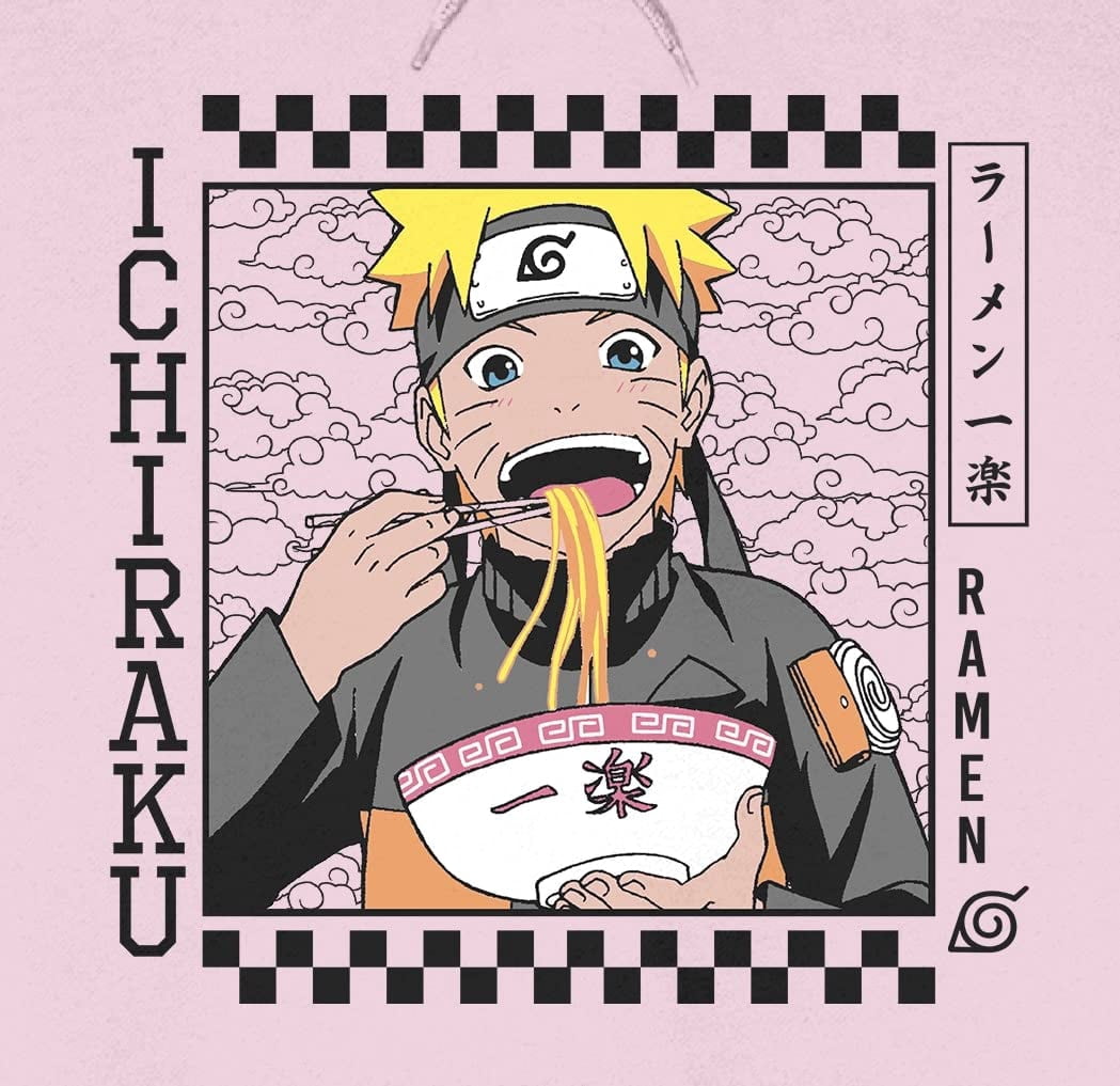 Naruto Shippuden Ichiraku Checker Border Long Sleeve Cradle Pink Men's Hooded Sweatshirt-XL