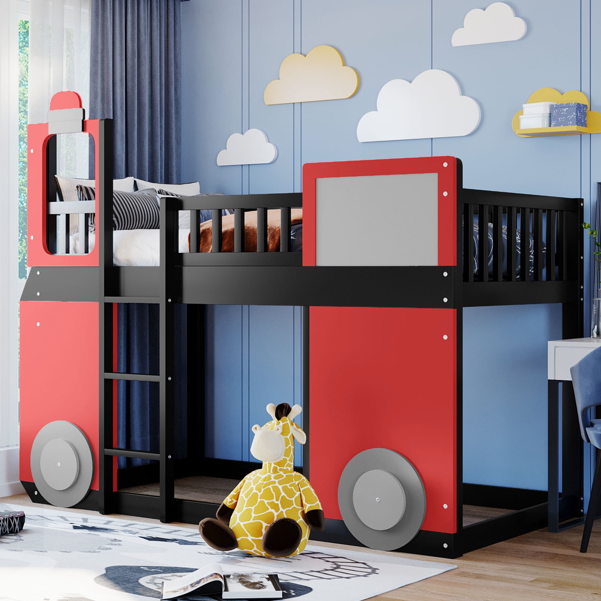 UWRNite Twin Size Loft Bed Low Bunk Bed, Train Shaped Wood Bed Frames with Safety Guardrails