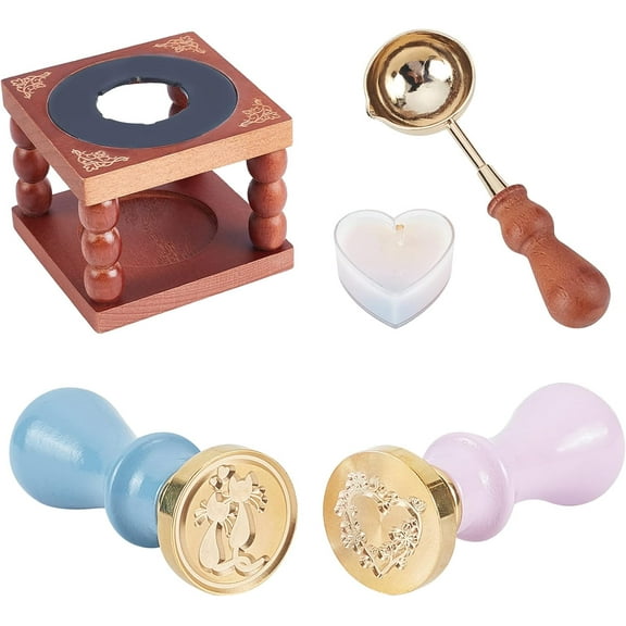 Wax Seal Kit 2PCS Wax Seal Stamp Cats & Love Garland Patterns with Wax Melting Furnace Melting Spoon Candle for Wax Seal Beads Melting Sealing Invitations Cards Valentine's Day Gift