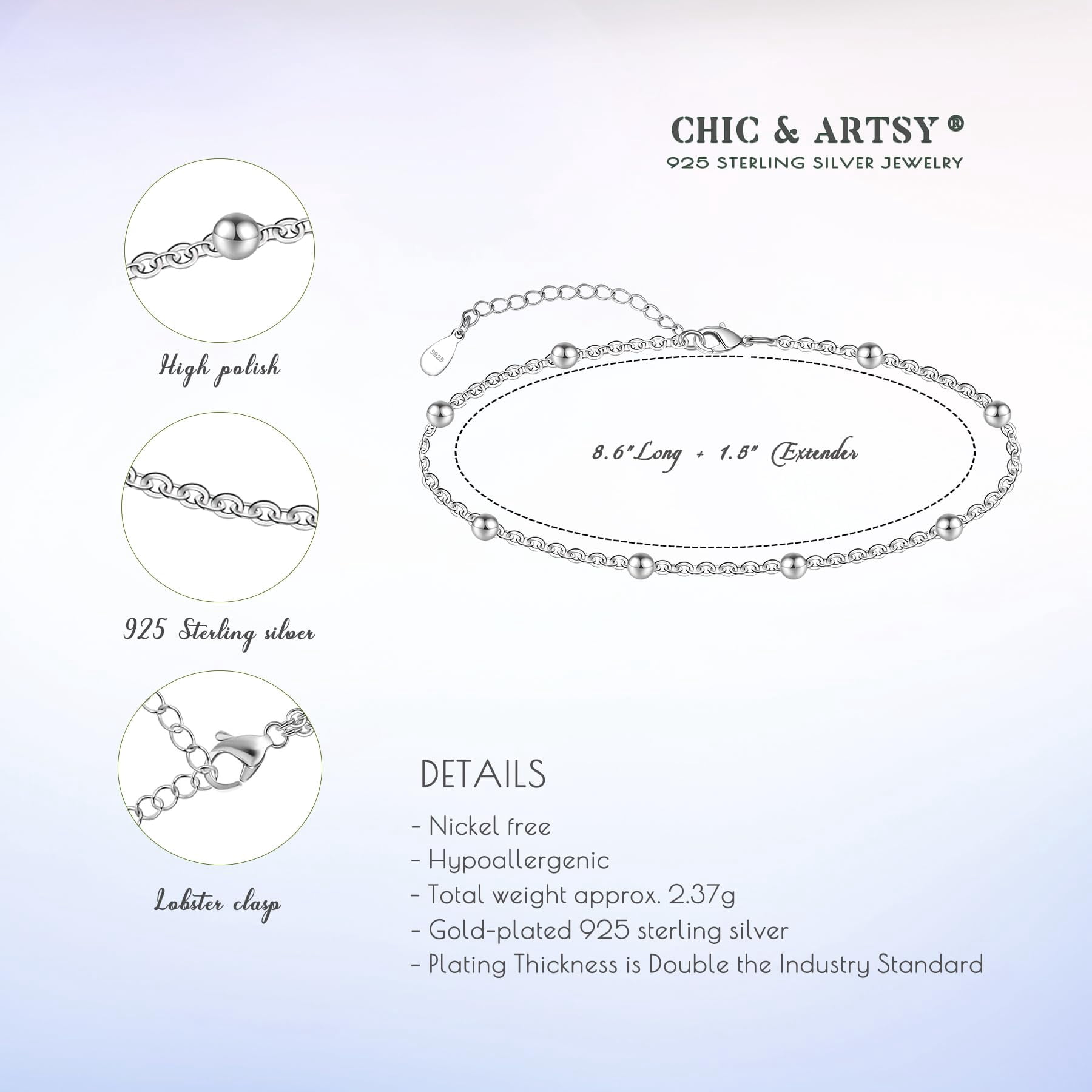 CHIC & ARTSY 925 Sterling Silver Ankle Bracelet Multilayer Anklets for Women