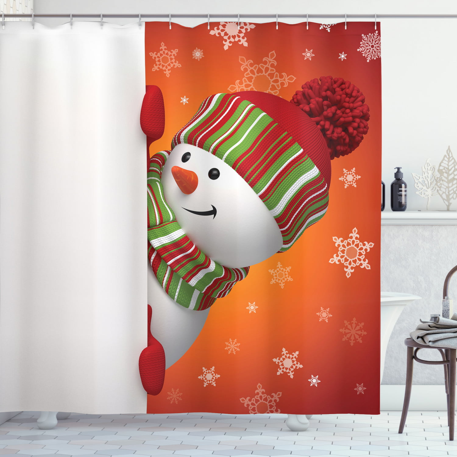 Cute Christmas Snowman Birds on Frozen Branches New Year Shower Curtain Bath Mat 