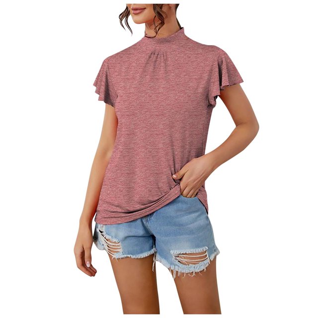 AherBiu Plus Size Tops for Women Summer Casaul Trendy Ruffle Sleeve Tops High Neck Loose Comfy Shirts