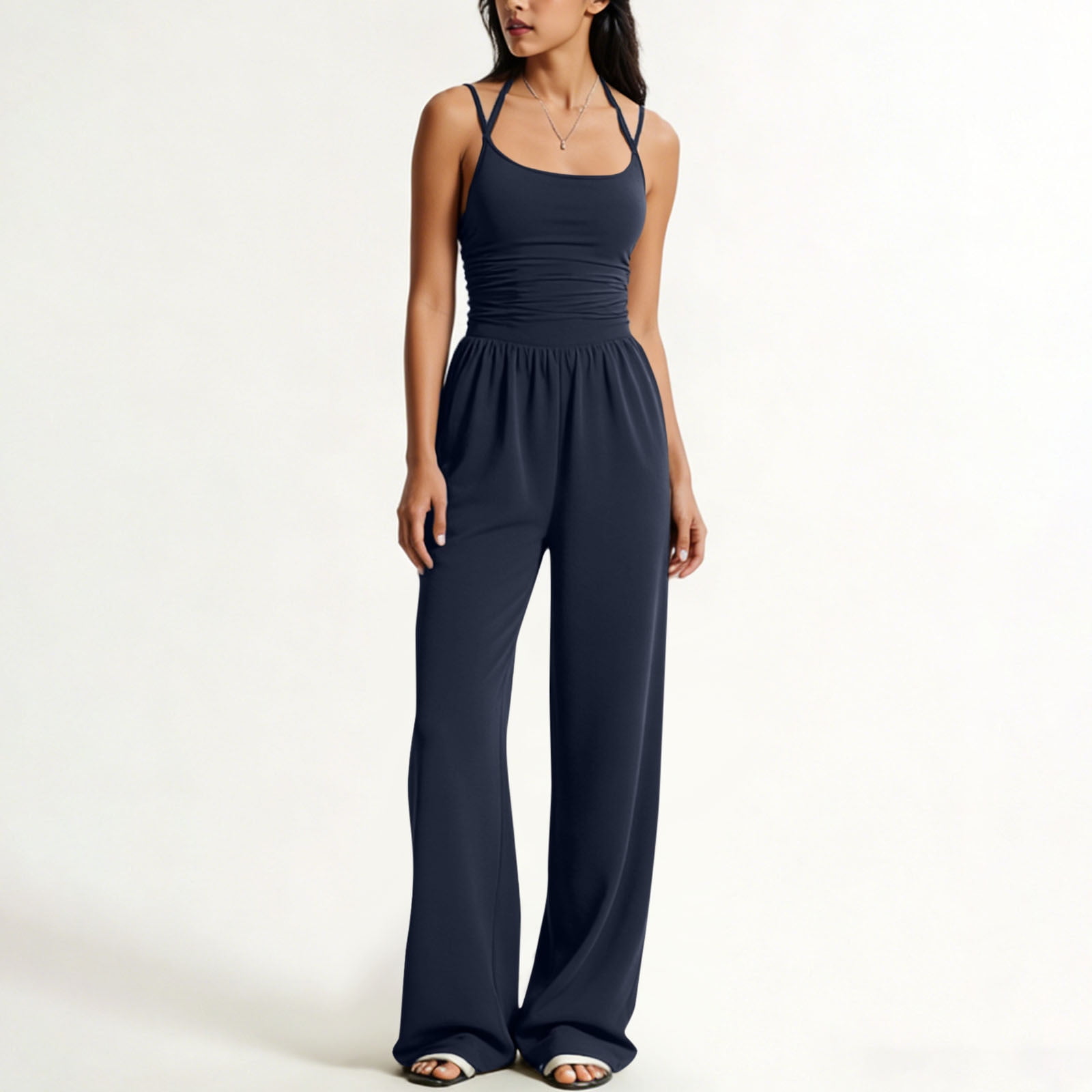 Dazajoo Casual Halter Jumpsuits for Women One Piece Spaghetti Strap Rompers Summer Sleeveless High Waist Jumpsuit,Blue,XL