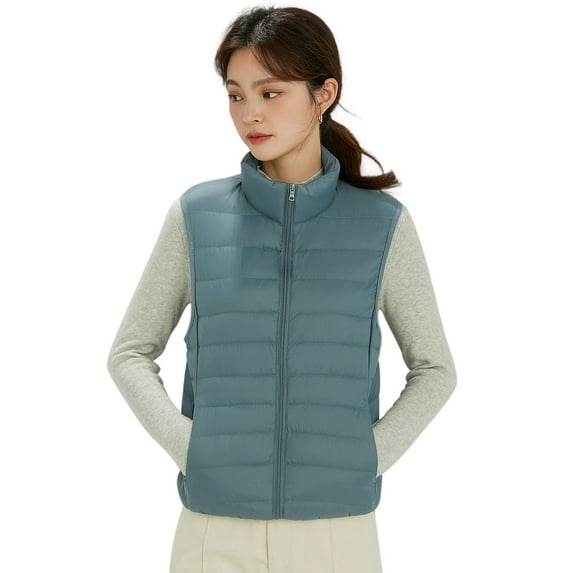 Wenseny Women’s Stand-up Collar Padded Warm Puffer Vest Zipper Outerwear Quilted Coat Gray Green M